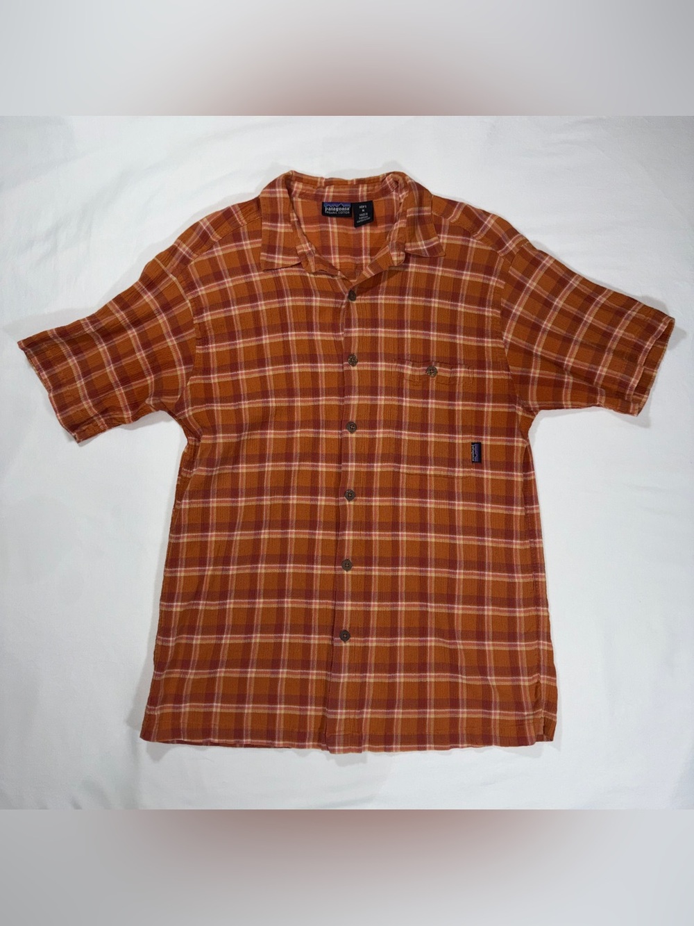 VTG 90s Patagonia Mens M A/C Crepe Cotton Plaid Shirt Rust Sienna Orange